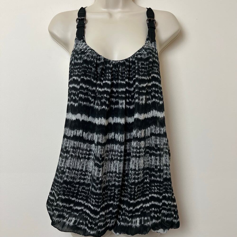 Guess Y2K Black White Buckle Tank Top Abstract Scoop Neck Bubble Hem Medium